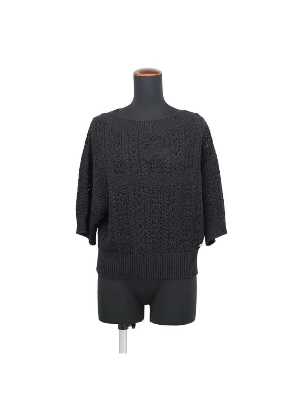 Chanel Knit Coco Beach Short Sleeve Mark Cotton Top Black Sweater